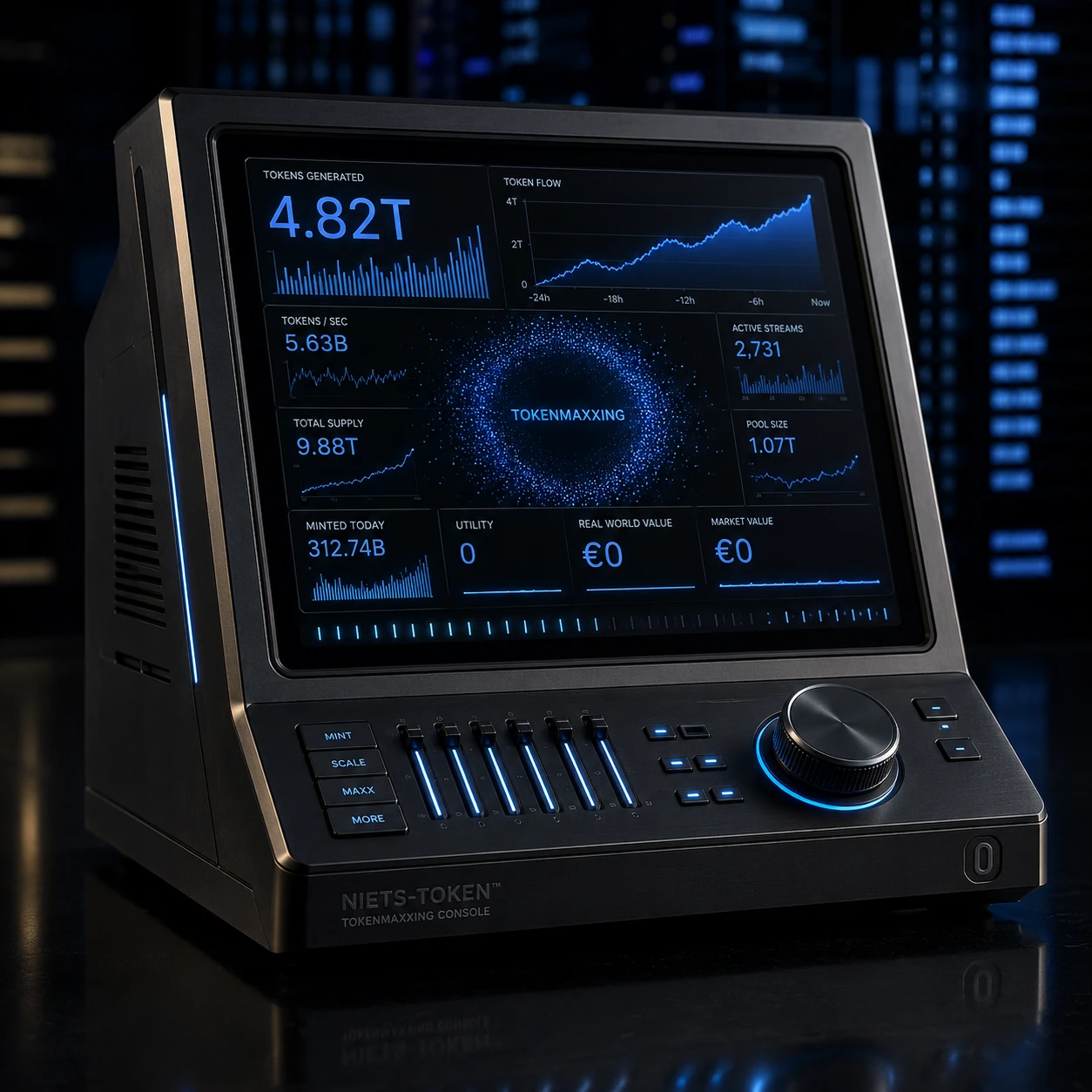 Een premium Tokenmaxxing-console met biljoenen tokens, stijgende grafieken en een werkelijke waarde van €0.