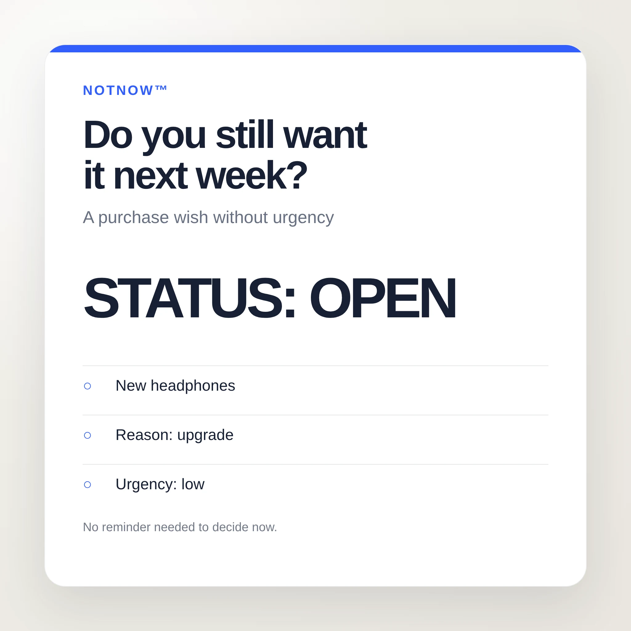 A browser-rendered status card visual for NietMeer™.