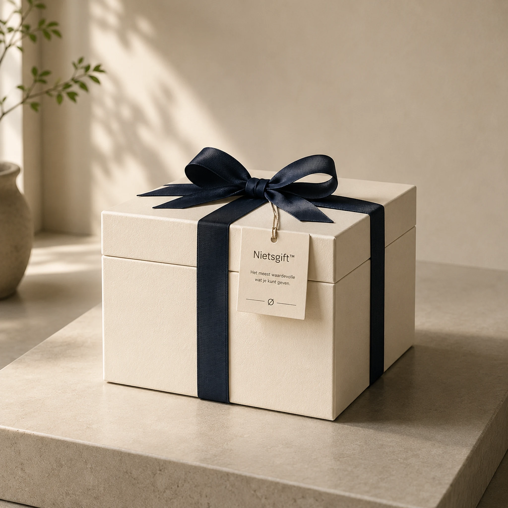 Een gesloten ivory cadeauverpakking met donkerblauw lint voor Nietsgift.