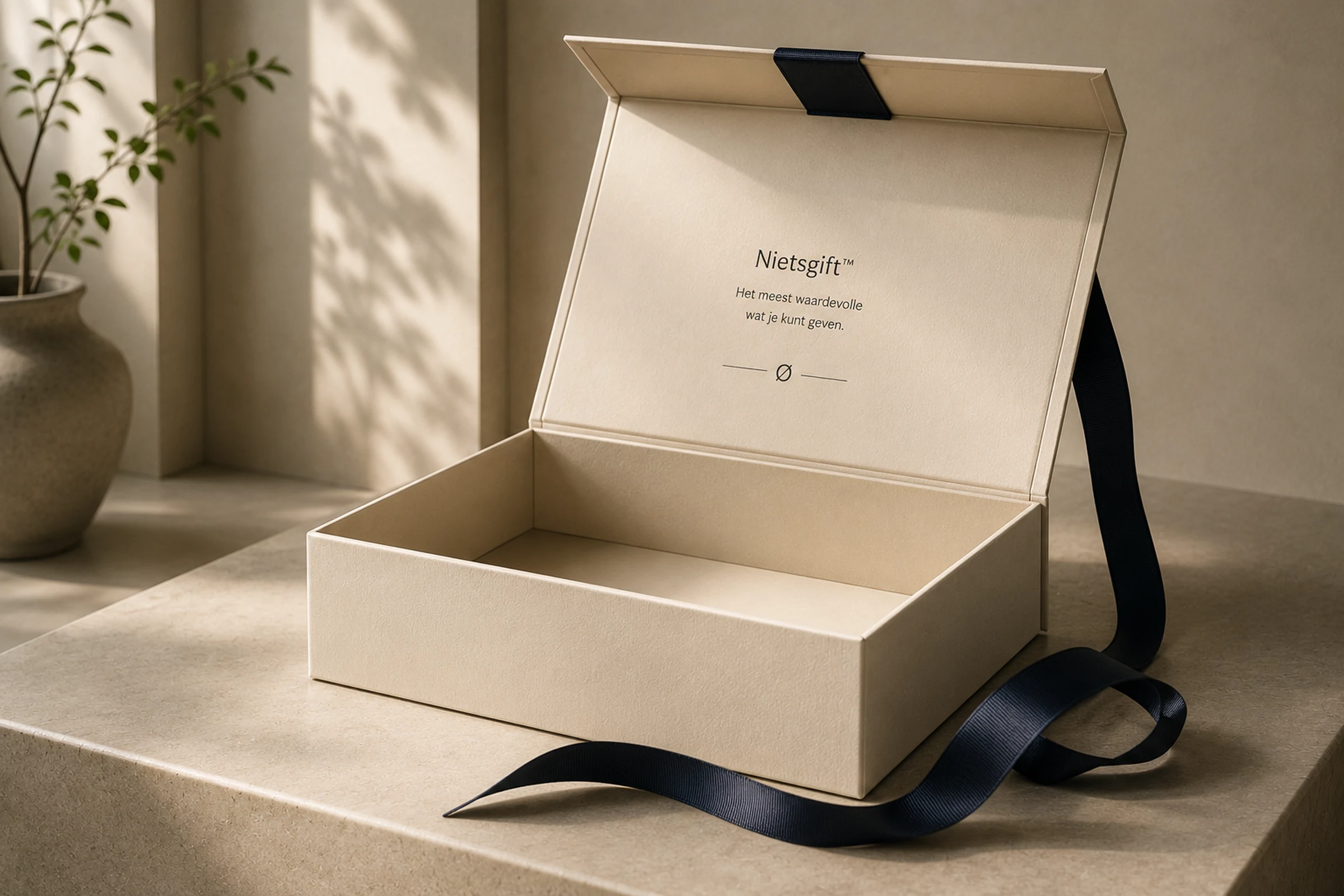 Een geopende luxe Nietsgift-doos met een volledig lege binnenkant.