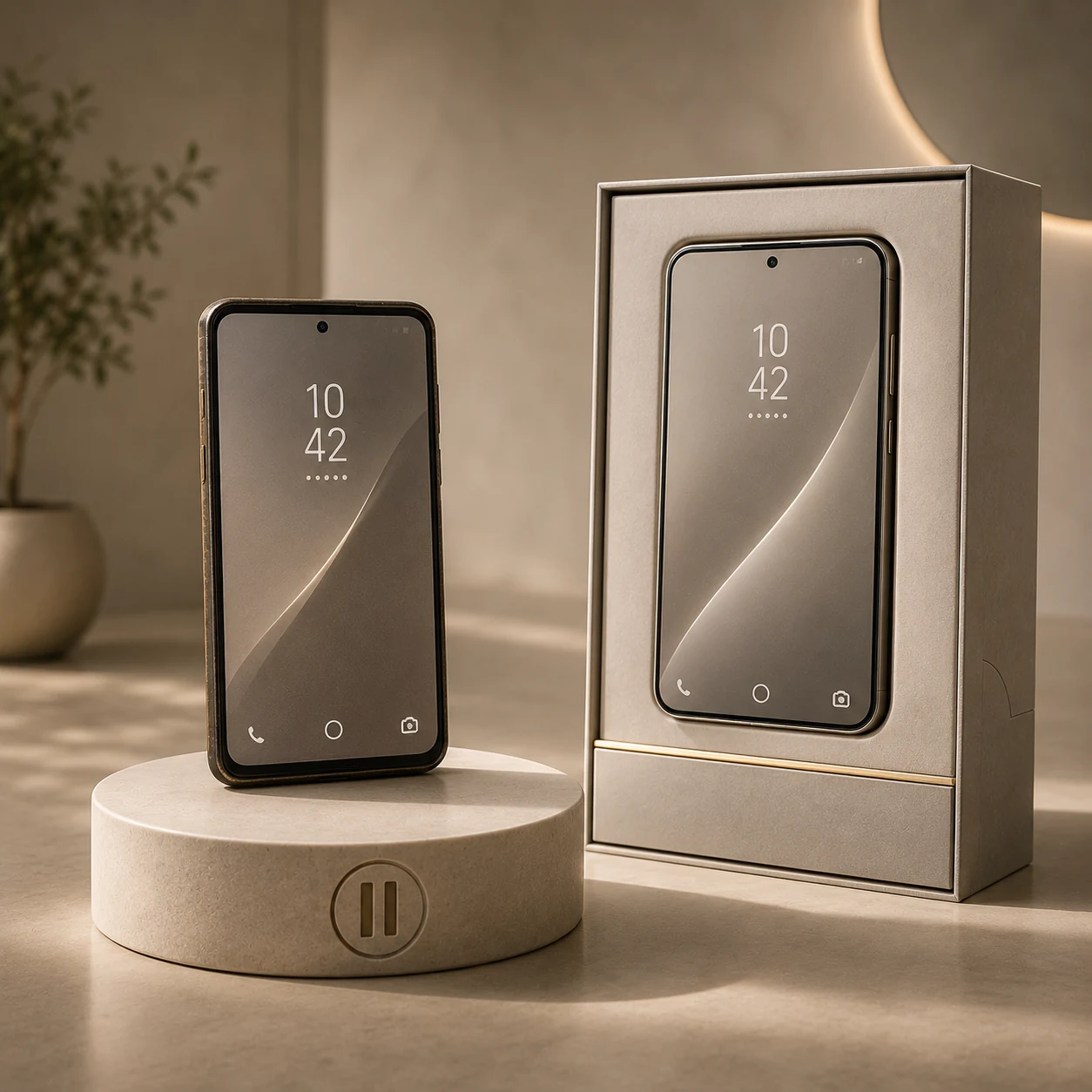 Twee generieke smartphones met vrijwel dezelfde functie; het oudere toestel werkt nog en het nieuwe model staat in een luxe presentatiebox naast een pauzesymbool.