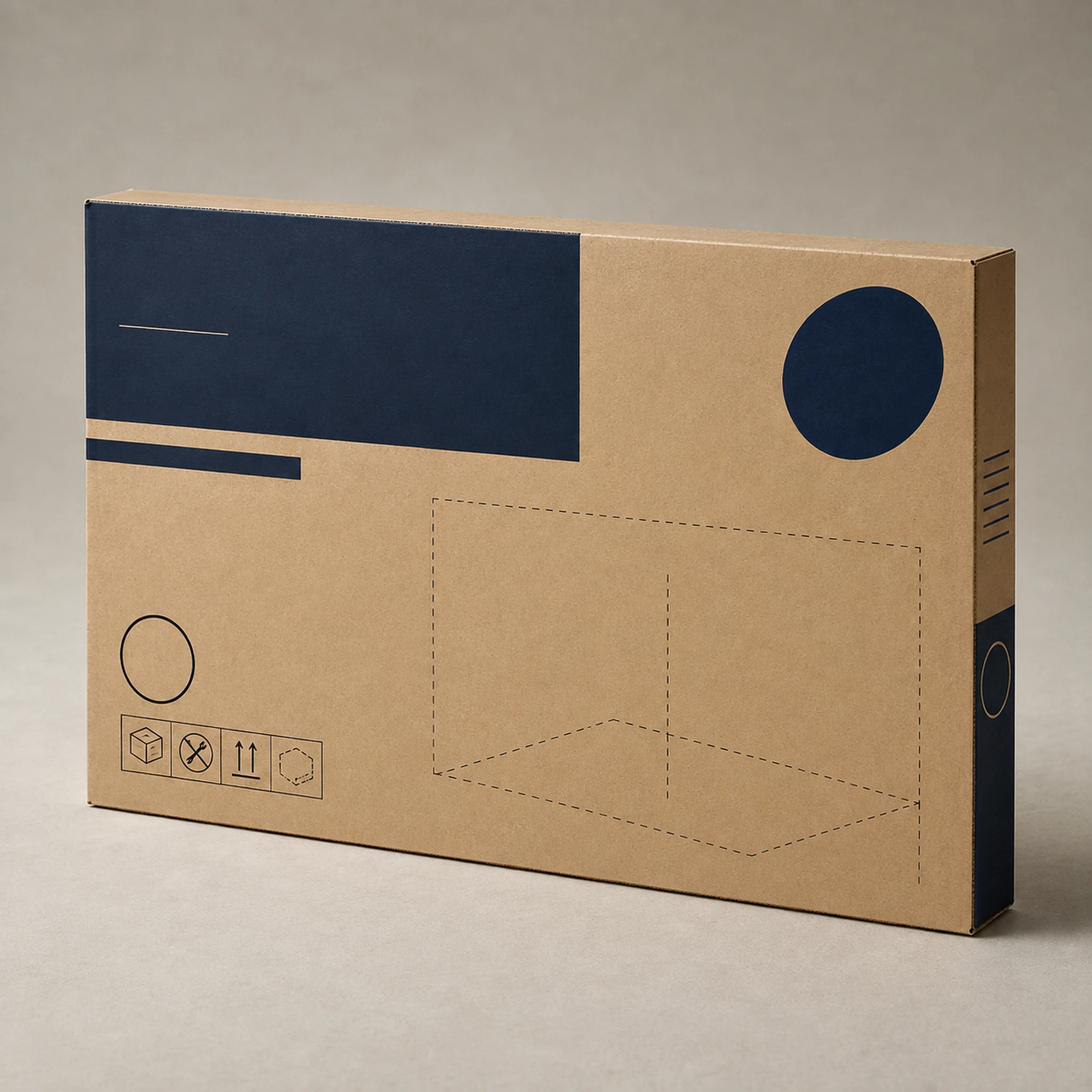 Een brede platte kraftkartonnen NIXKEA-flatpackverpakking met sobere donkerblauwe grafische vlakken.