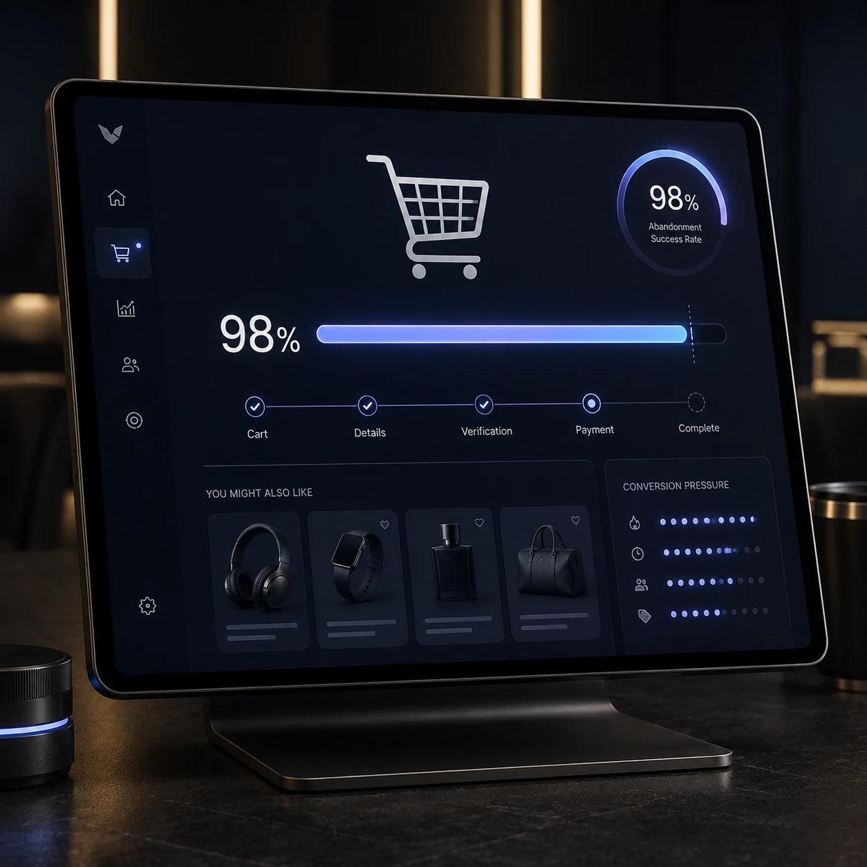 A premium ecommerce dashboard with a cart process deliberately stopping at 98 percent.