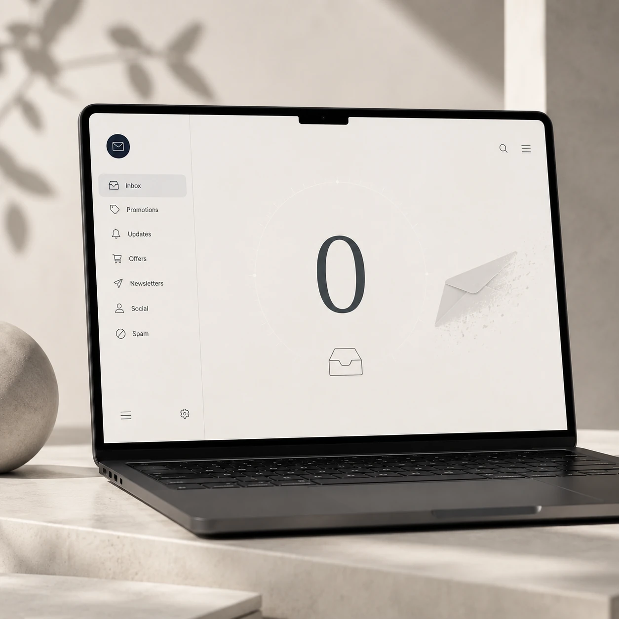 Een premium laptop met een volledig lege inbox en een groot cijfer 0.