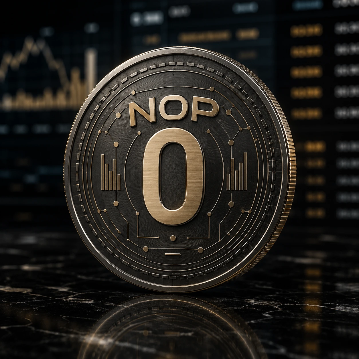 Een donker metalen Nopcoin met champagnekleurige details, NOP en een grote 0.