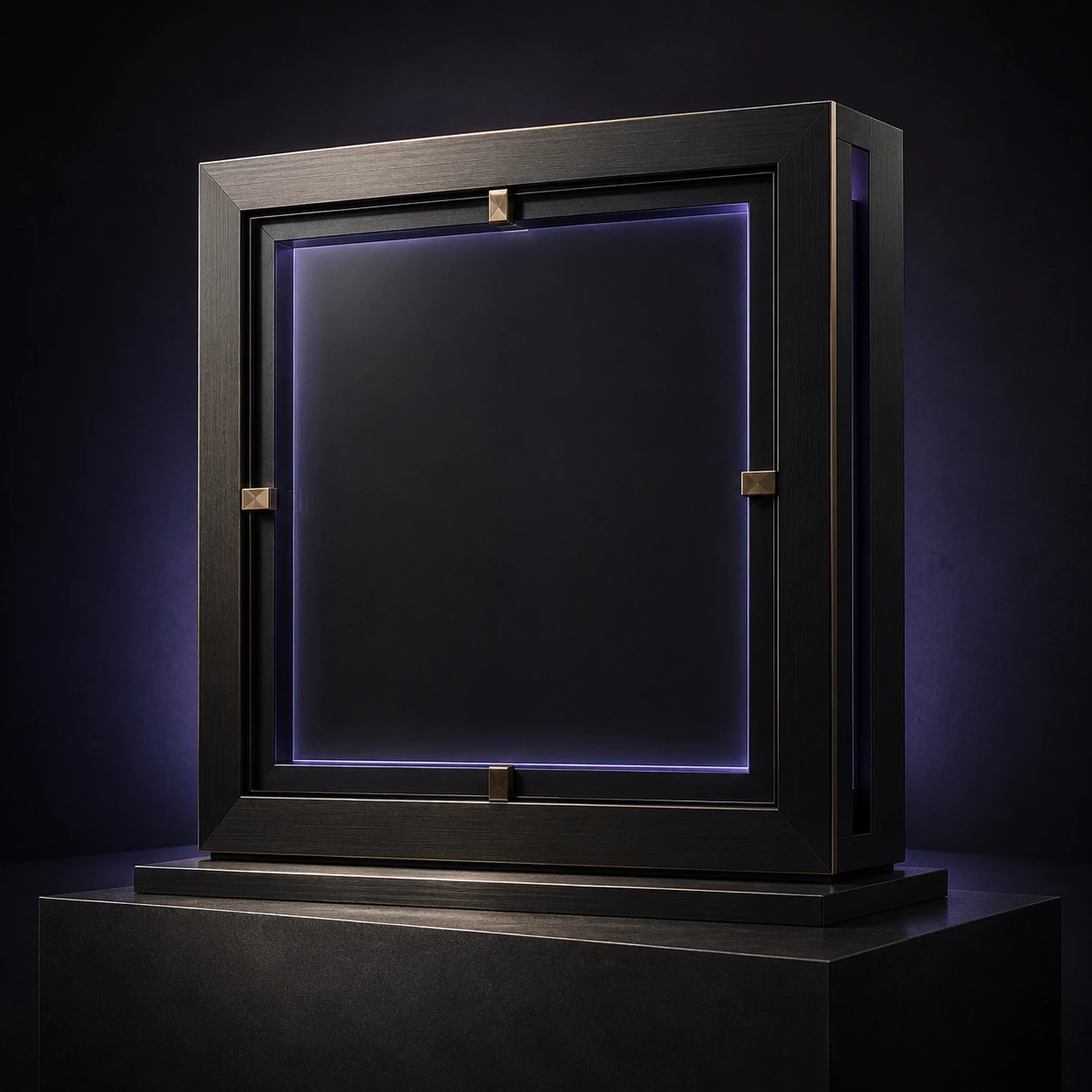 Een zwaar smoked-glass en graphite kunstdisplay op een donkere sokkel, met in het midden bewust geen kunstwerk.