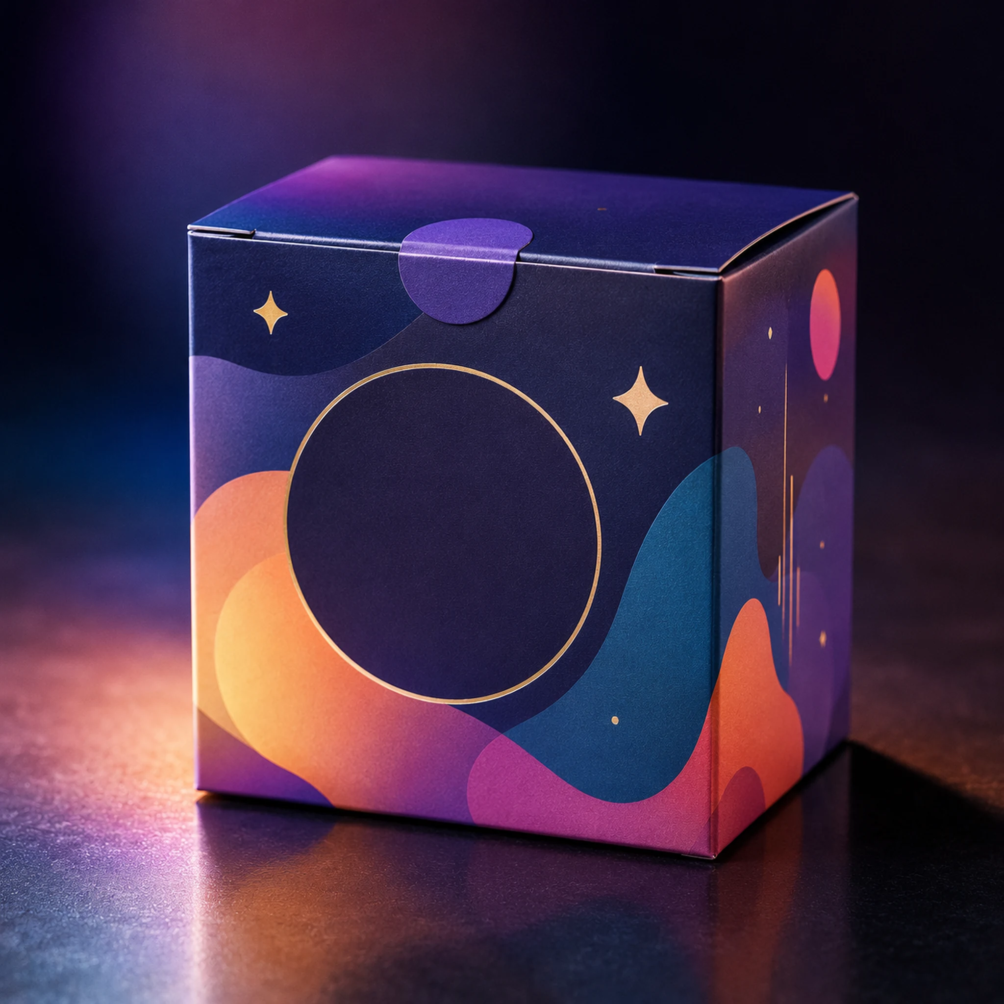 Een verzegelde donker-indigo Blind Box met abstracte kleurrijke grafische vormen.