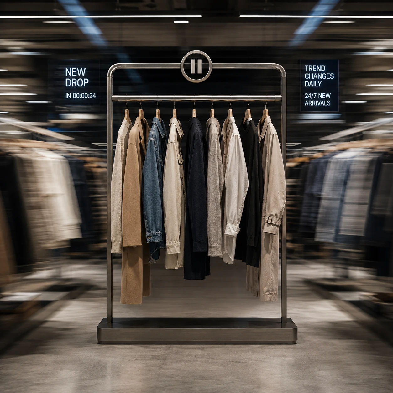 Een kledingrek dat scherp en stil staat terwijl een snelle modewinkel eromheen voorbij raast.