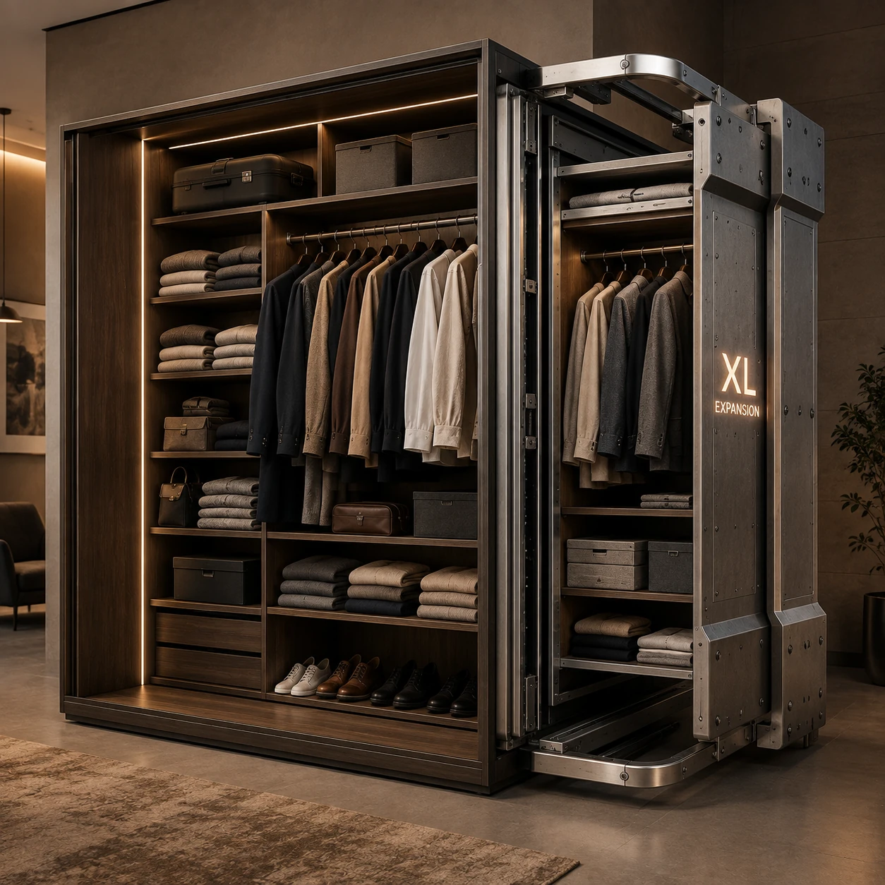 Een luxe volle kledingkast met een absurd overontwikkelde mechanische XL-uitbreidingsmodule.