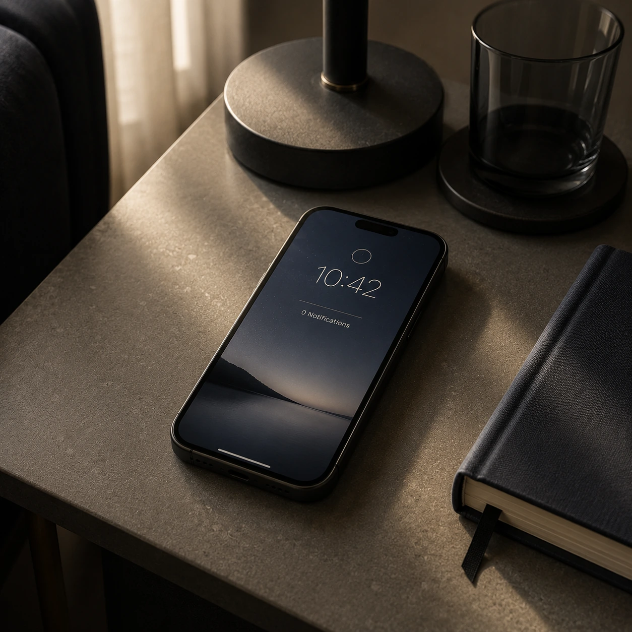 Een telefoon op een stille bijzettafel met op het scherm nul notificaties.