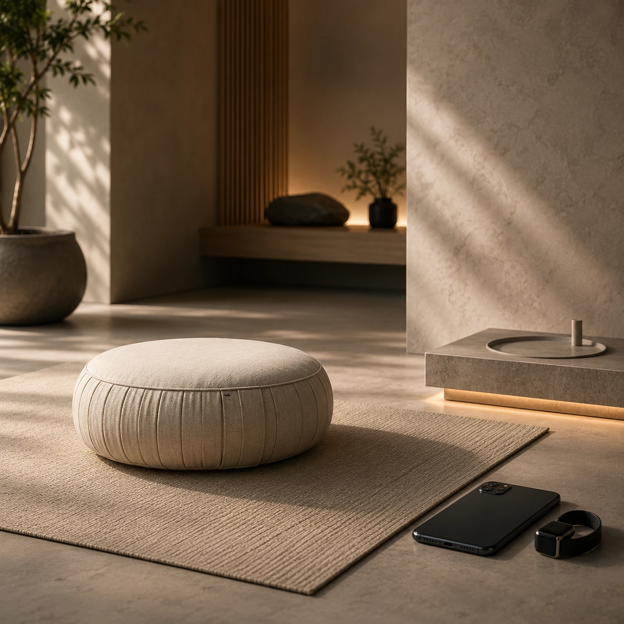Een luxe rustige meditatieruimte met een vloerkussen en bewust opzijgelegde telefoon en smartwatch.