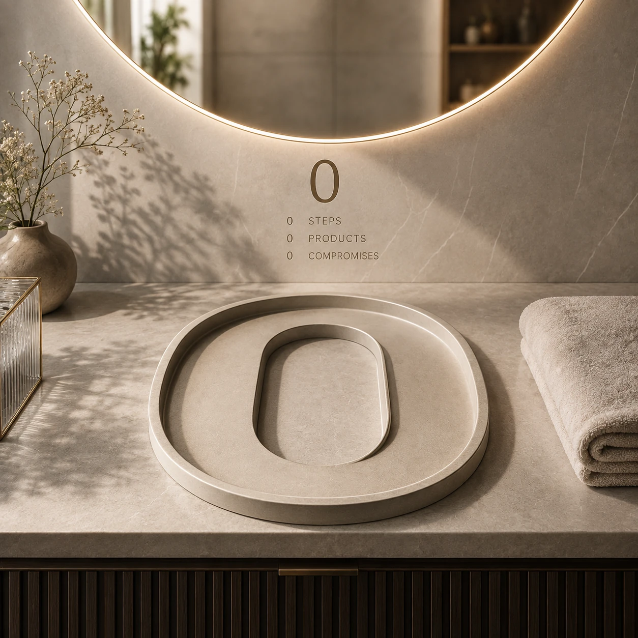 Een luxe badkamer met een volledig lege 0-vormige skincare-tray: nul stappen en nul producten.