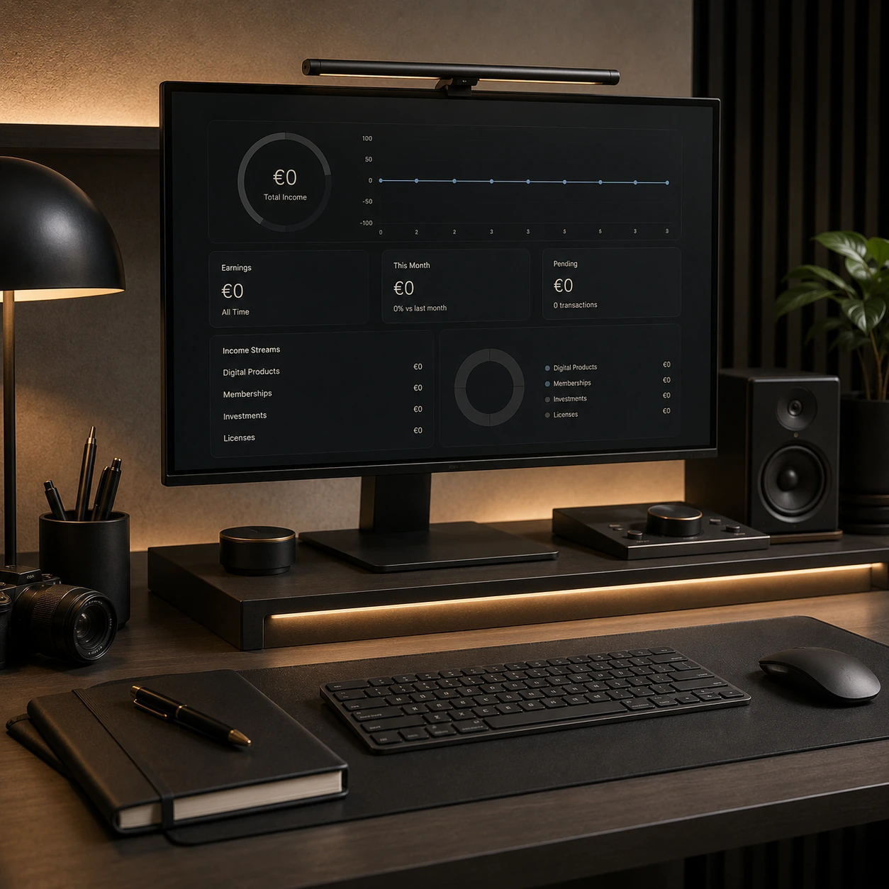 Een luxe creatorwerkplek met een professioneel inkomsten-dashboard waarop alle inkomsten exact nul euro zijn.