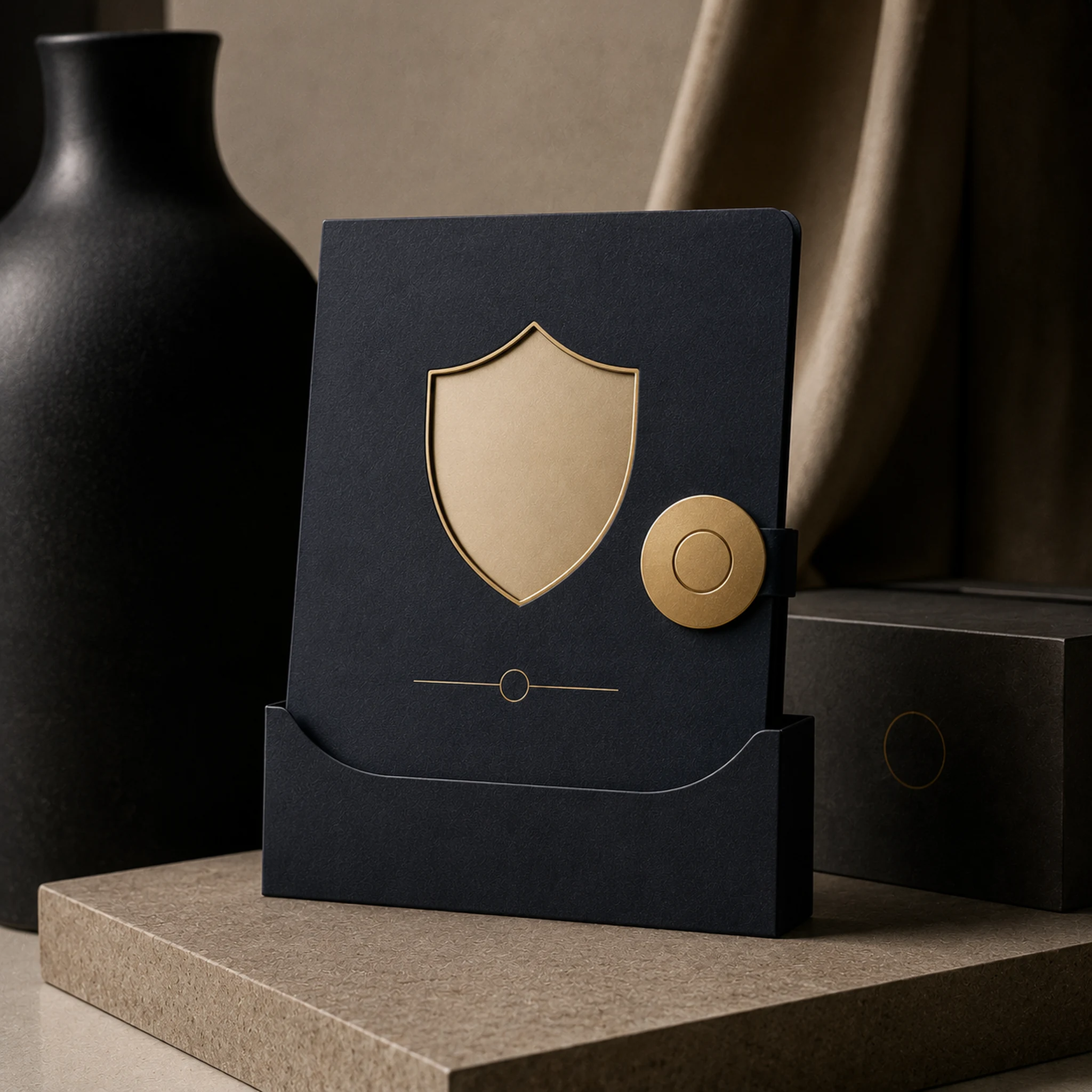 Een donkerblauwe premium protection-plan presentatiekaart met een abstract schildmotief.