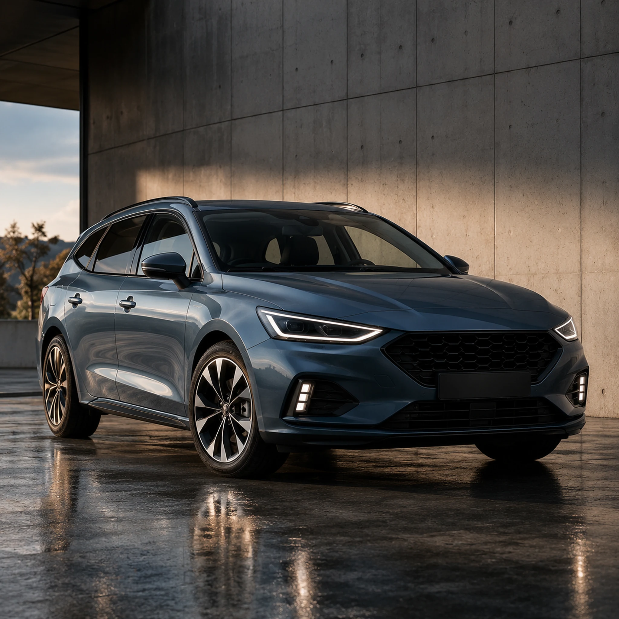 Een goed onderhouden moderne blauwgrijze fictieve auto gefotografeerd als een nieuw model.