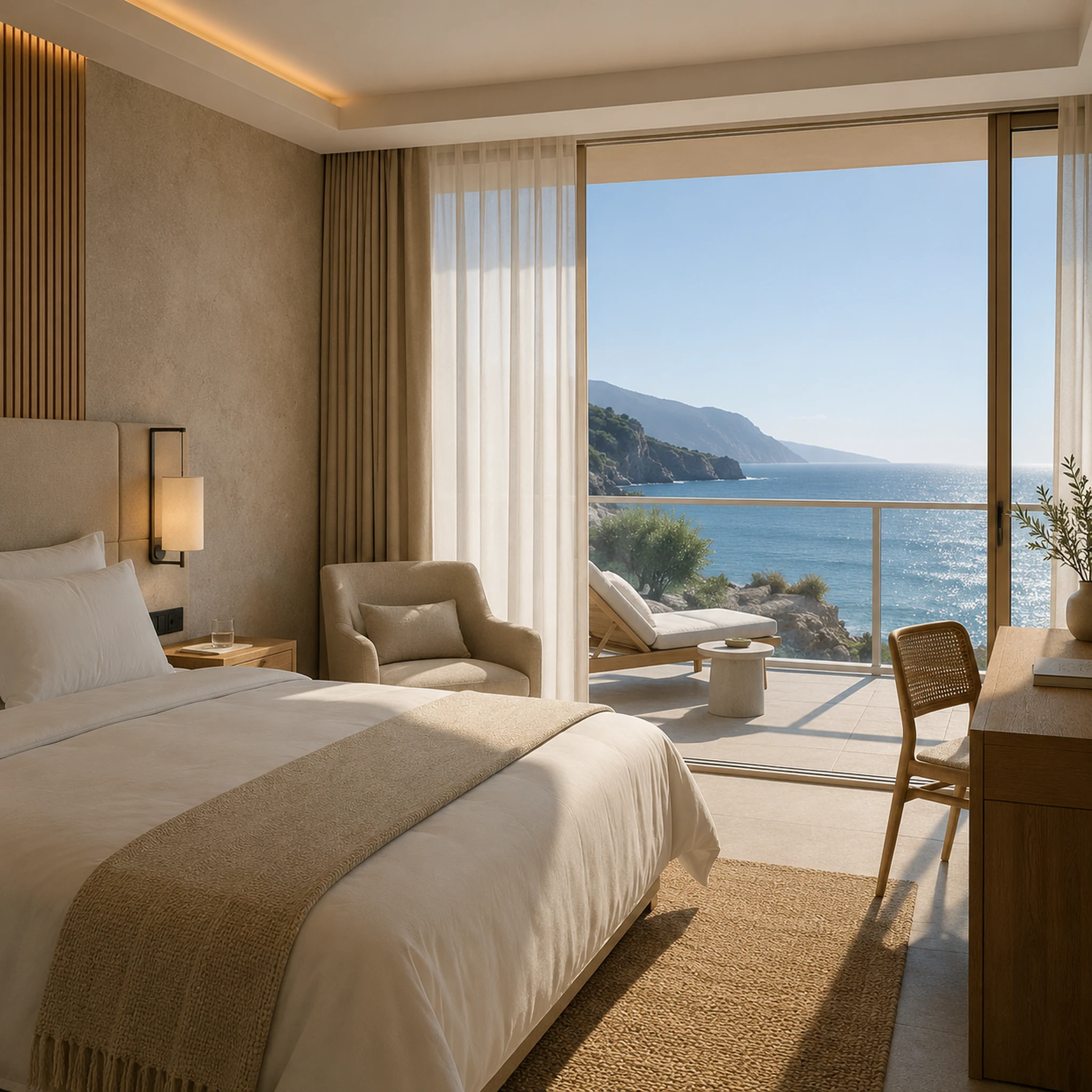 Een aantrekkelijke moderne hotelkamer met balkon en vrij uitzicht op zee.