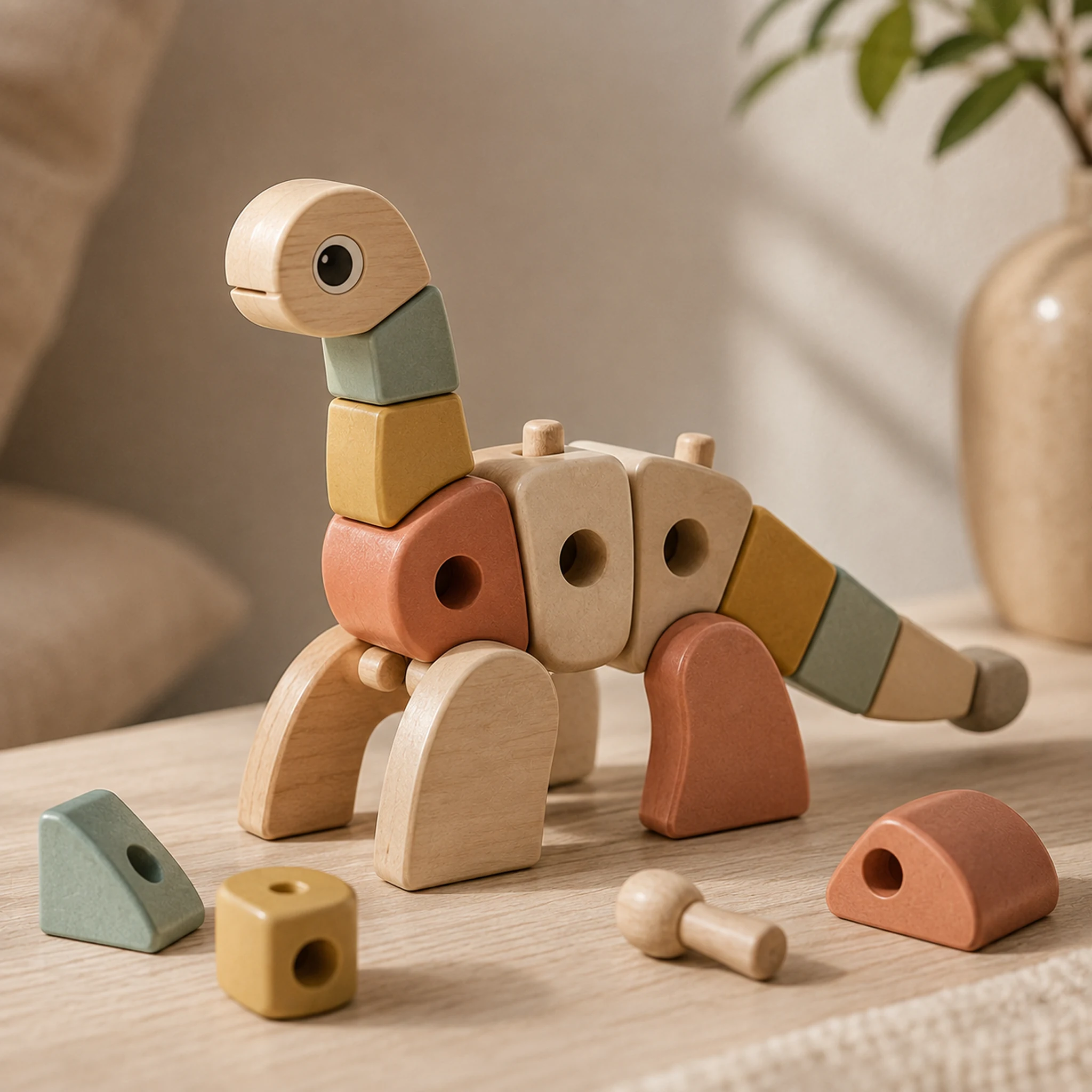 Een modulair houten dinosaurusachtig speelgoed met zachte eigentijdse kleuren.