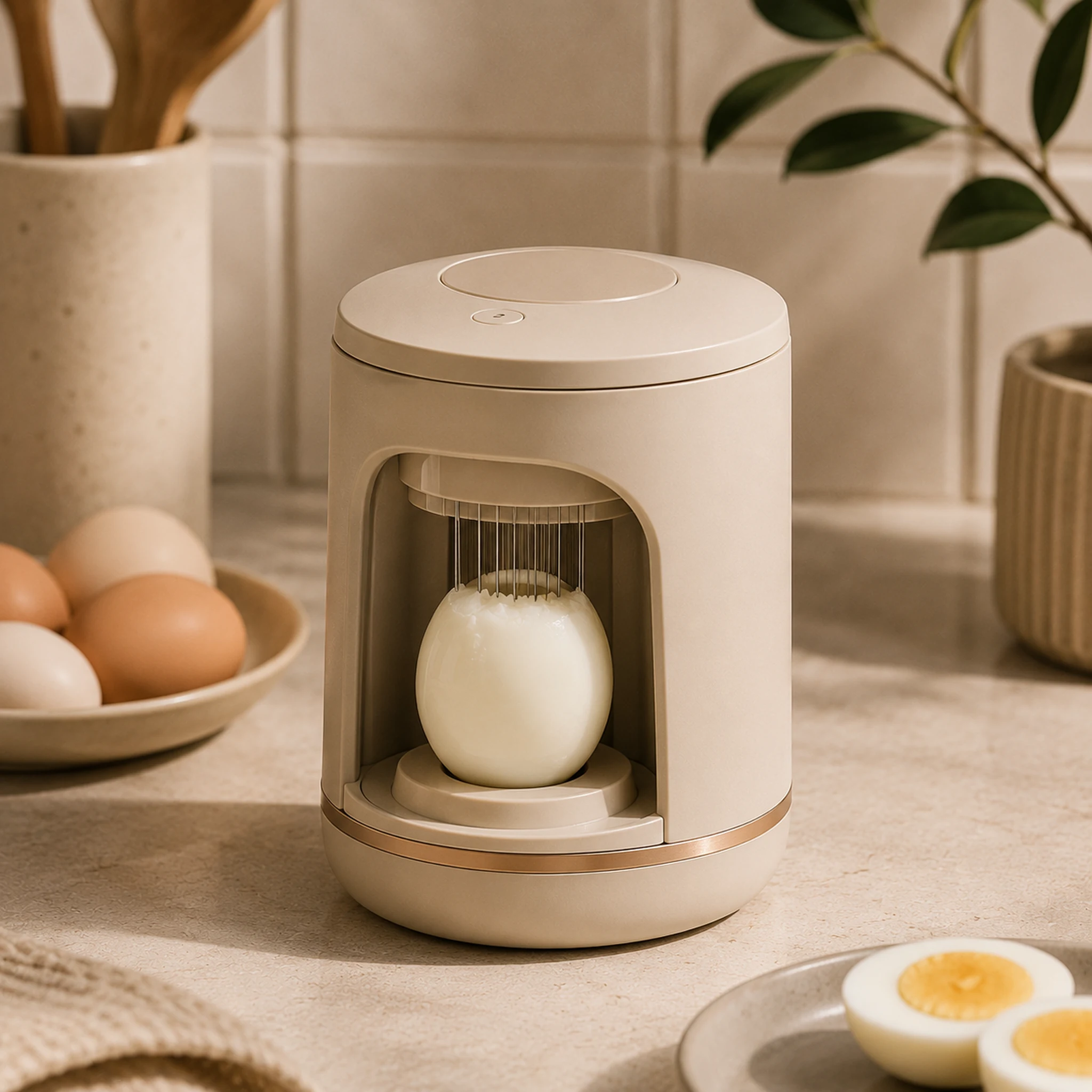 Een compact premium keukenapparaat dat één ei als specifieke taak verwerkt.