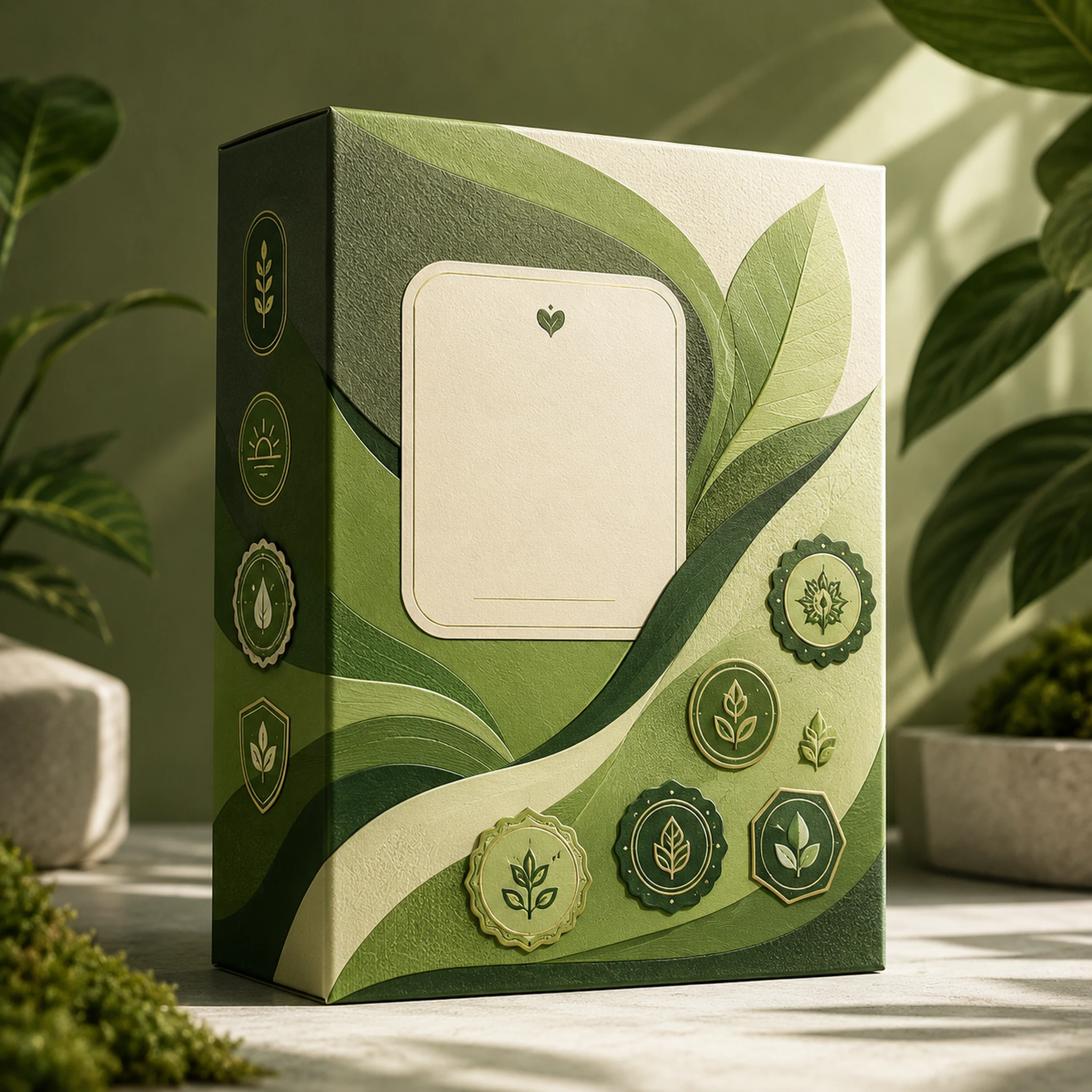 Een overdreven groen premium productpakket met bladeren en meerdere fictieve badgevormen.