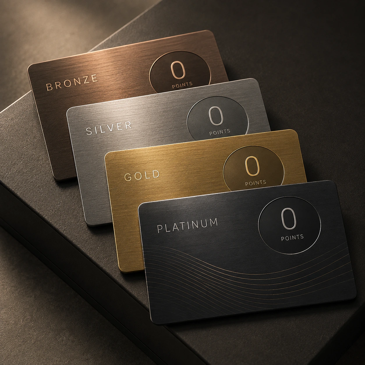 Vier luxe loyaliteitskaarten voor Bronze, Silver, Gold en Platinum die allemaal exact nul punten tonen.