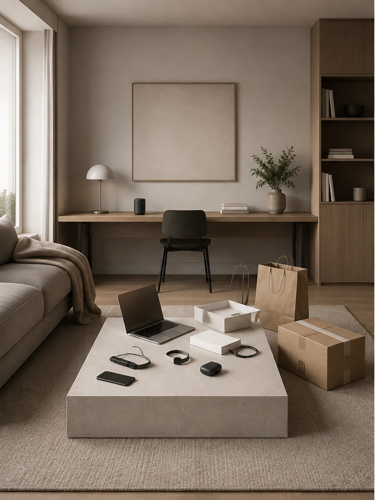 Dezelfde kamer met nieuwe dozen, gadgets en accessoires toegevoegd.
